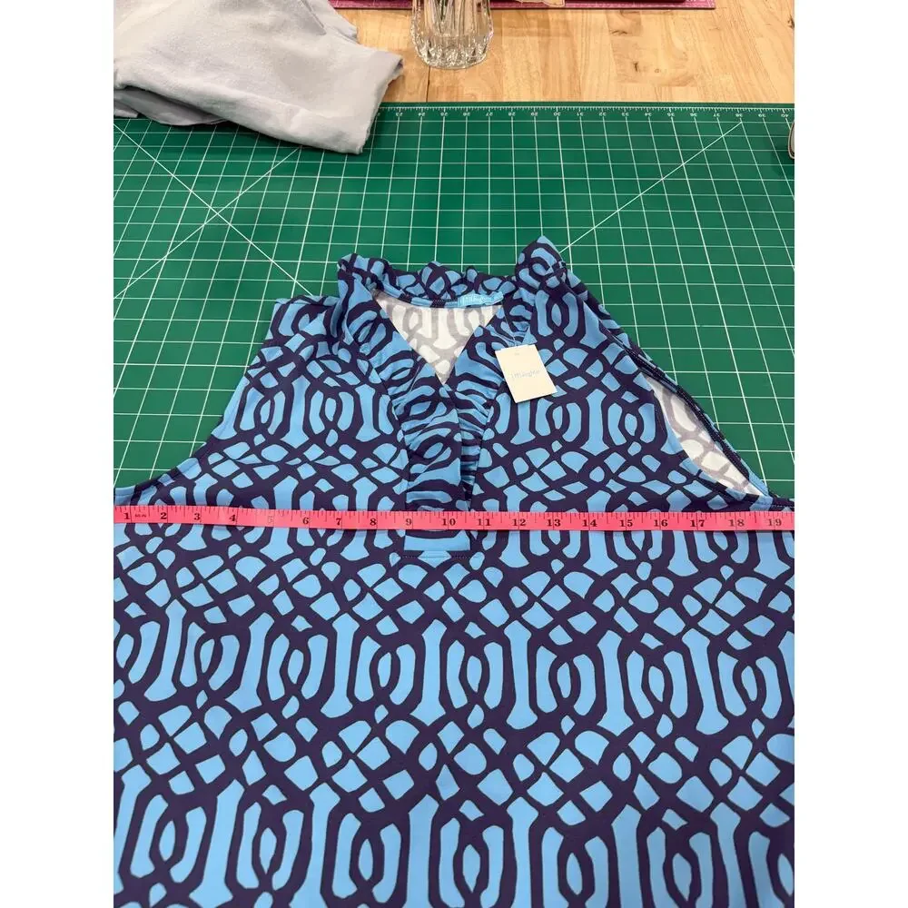 J McLaughlin Catalina Cloth Durham Top XL Blue Geometric Ruffle NWT